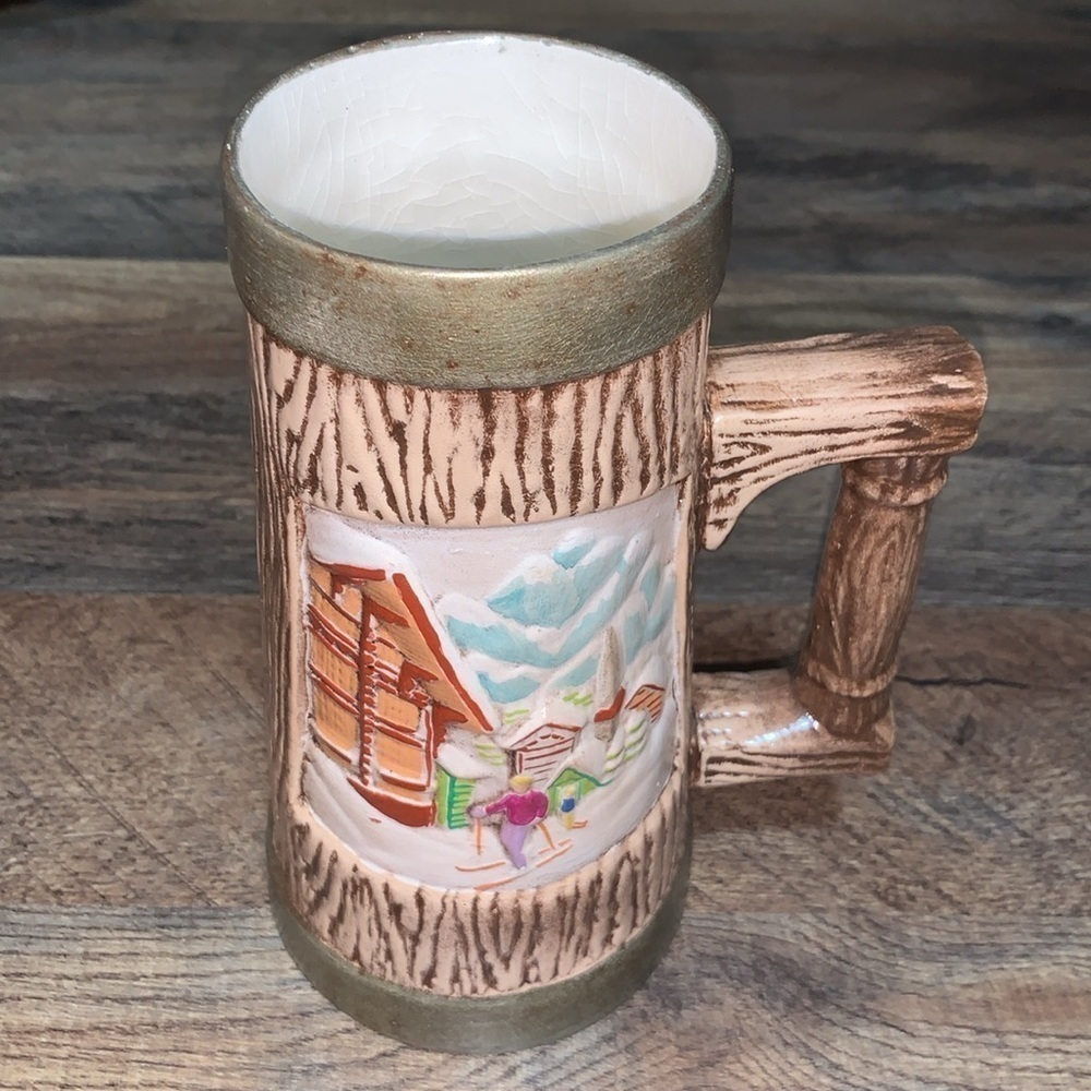 Vintage Large Ceramic Ski Lodge Vibe Beer Mug  Hand Painted